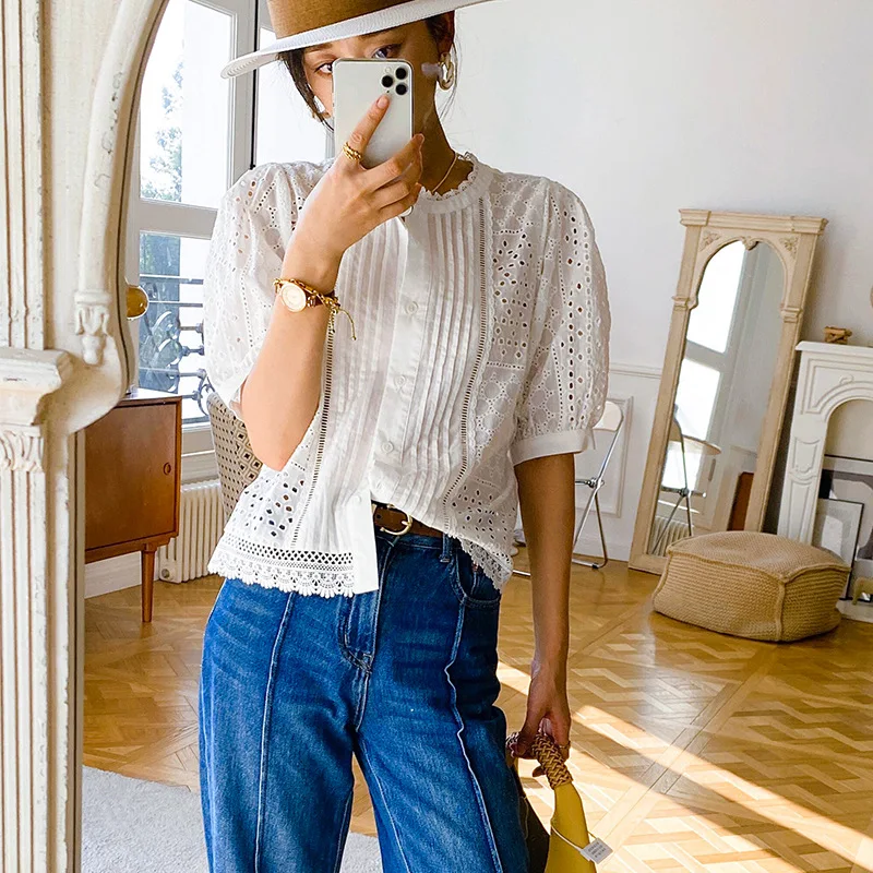 Embroidered Bohemian Women\'s Casual Shirt 2024 Spring/Summer Vacation Hollow Out Ruffled Blouse Women Clothes