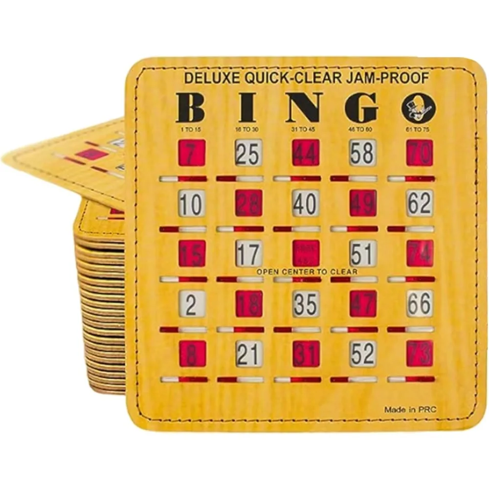 Jam-Proof Quick-Clear Deluxe Fingertip Slide Bingo Cards with Sliding Windows - 200 Pack in Woodgrain Style