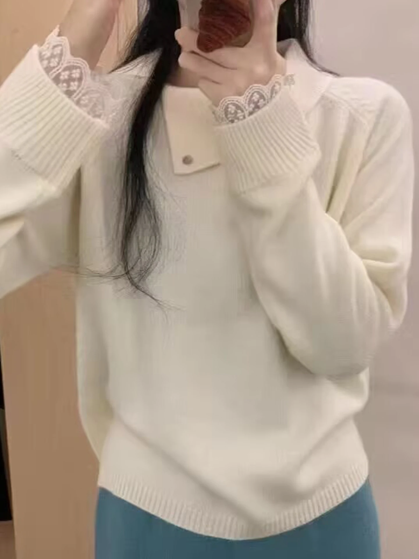 Maglione lungo Sve con giunture in pizzo unico allentato sopra la testa coreano Sle lavorato a maglia morbido Top da donna Faion Autunno 2025 Anti-età