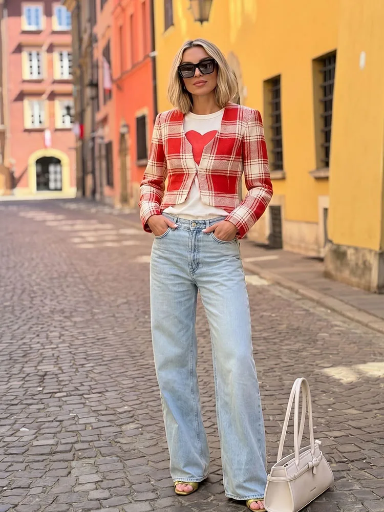 HH Red Plaid Tweed Cropped Blazer Women's Open Front Asymmetric Hem Jacket Sexy Spring Fall Street Business Casual Office Wear