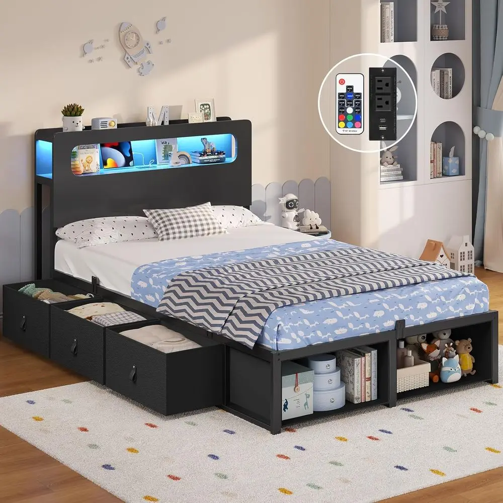 

Twin Bed with 6 Drawers, 2-Tier LED Lighting, Power Outlets, and RGB Lights for Kids - Space-Saving, No Box Spring Needed, Black