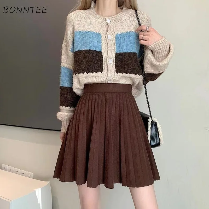 

Юбки женские студенческие в консервативном стиле плиссированные шикарные универсальные ампирные корейские модные мини-вязаные минималистичные женские осенне-зимние