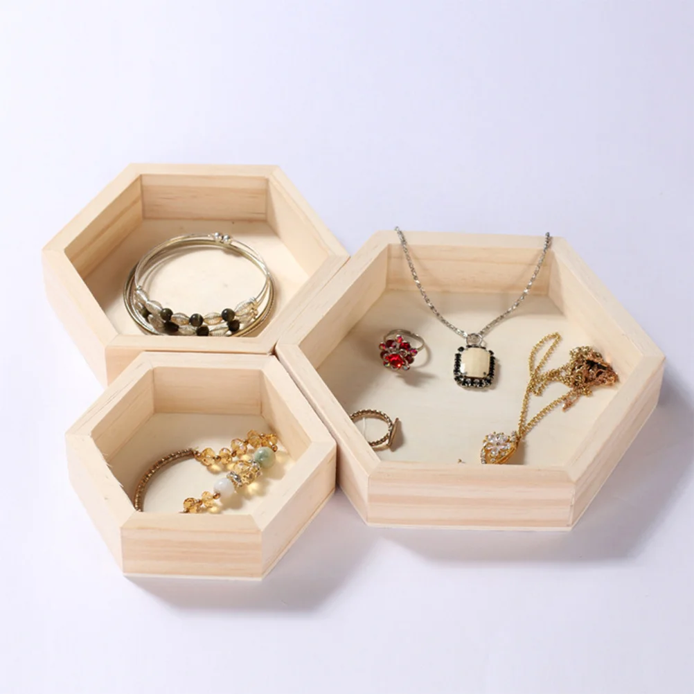 

3Pcs Hexagon Jewelry Dish Wood Storage Tray Size L Bracelet Organizer Ring Holder Decor Gift for Women