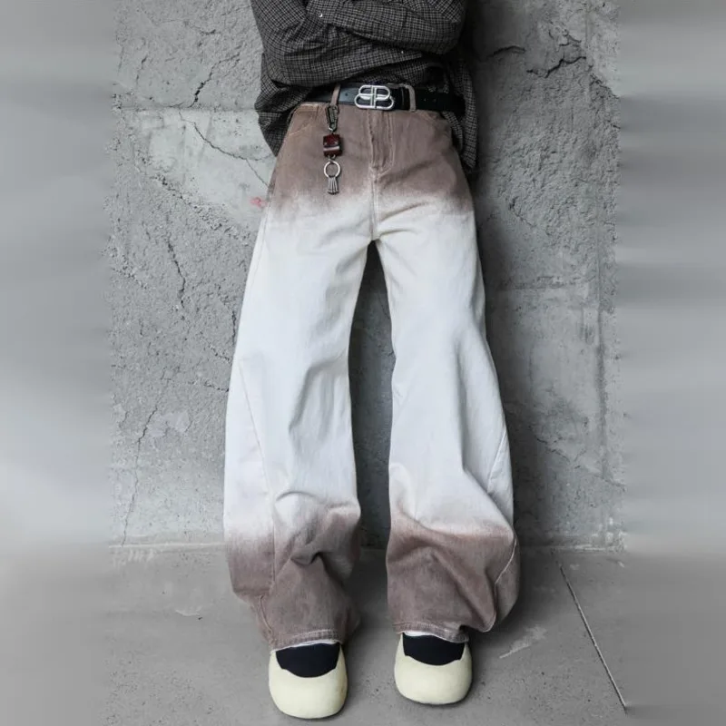 HKSH Spring New Men Tide Punk American High Street Cool Heavy Color-Blocking Gradient Jeans Vintage Trendy Wide-leg Vibe HK19275