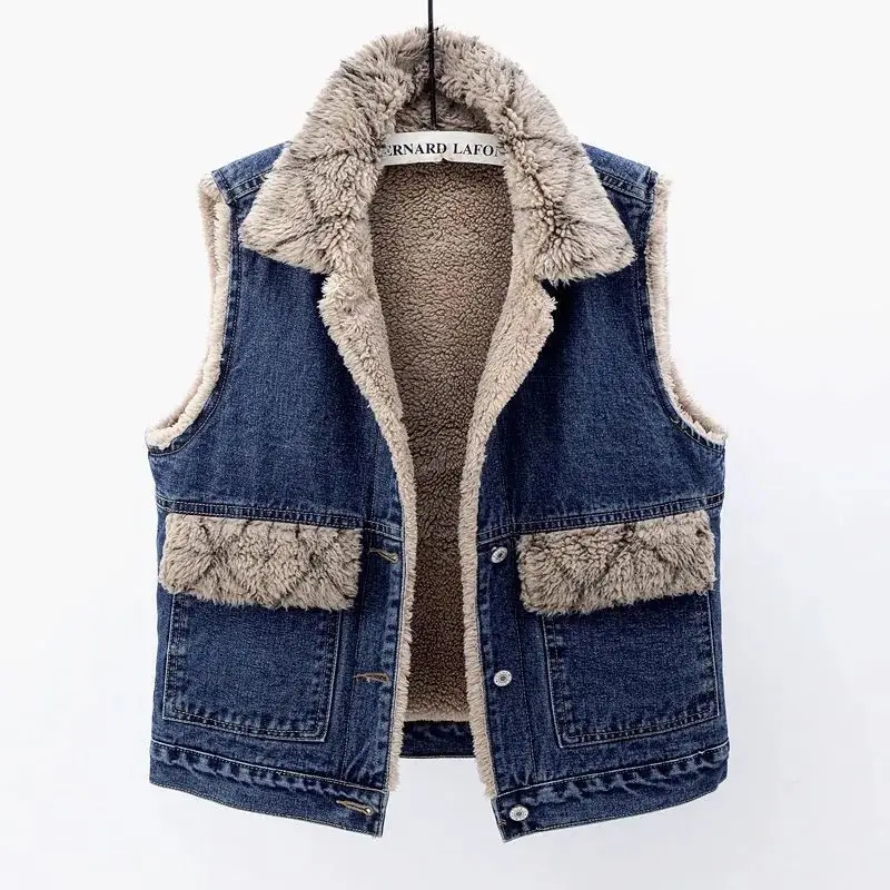 Autumn Winter Cotton Versatile Retro Women's Denim Vest with Thick Velvet and Sleeveless Warm Cotton Vest Top Fashionable Jacket