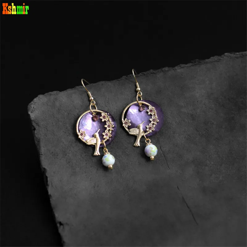 Kshmir New fashion pendant female Earrings Flower bird purple shell Pearl Earrings Jewelry jewelry girl\'s gift
