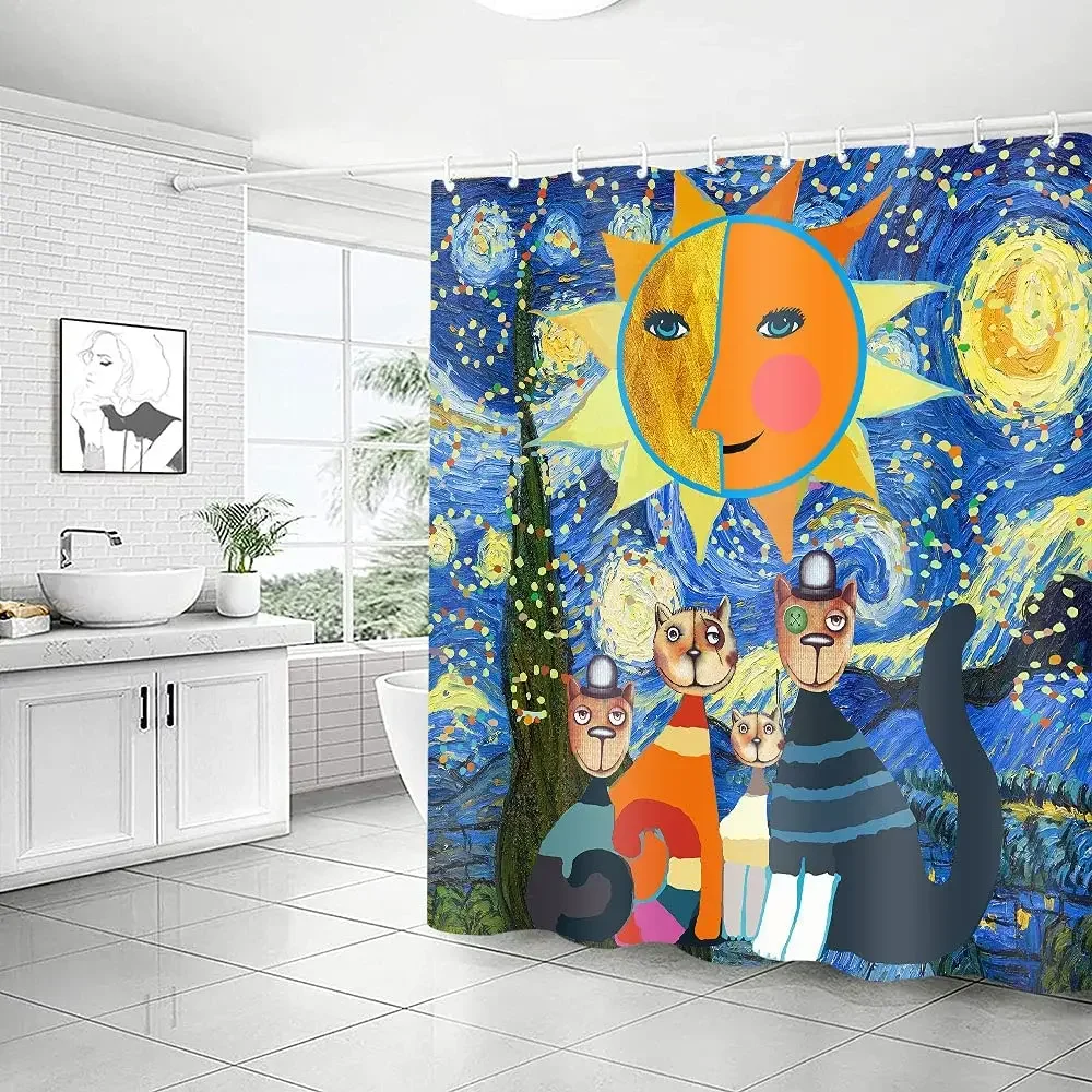 Japanese Cat Shower Curtain Van Gogh Starry Sky Hippie Sun Moon Funny Animal Family Portrait Bathroom Decor Set with 12 Hooks