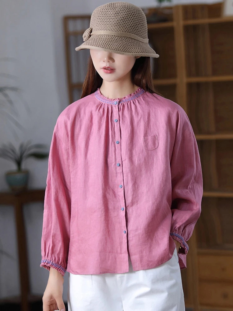 100% lin femmes à manches longues chemise décontractée nouveauté 2025 automne Style Vintage couleur unie ample femmes hauts chemises M1902