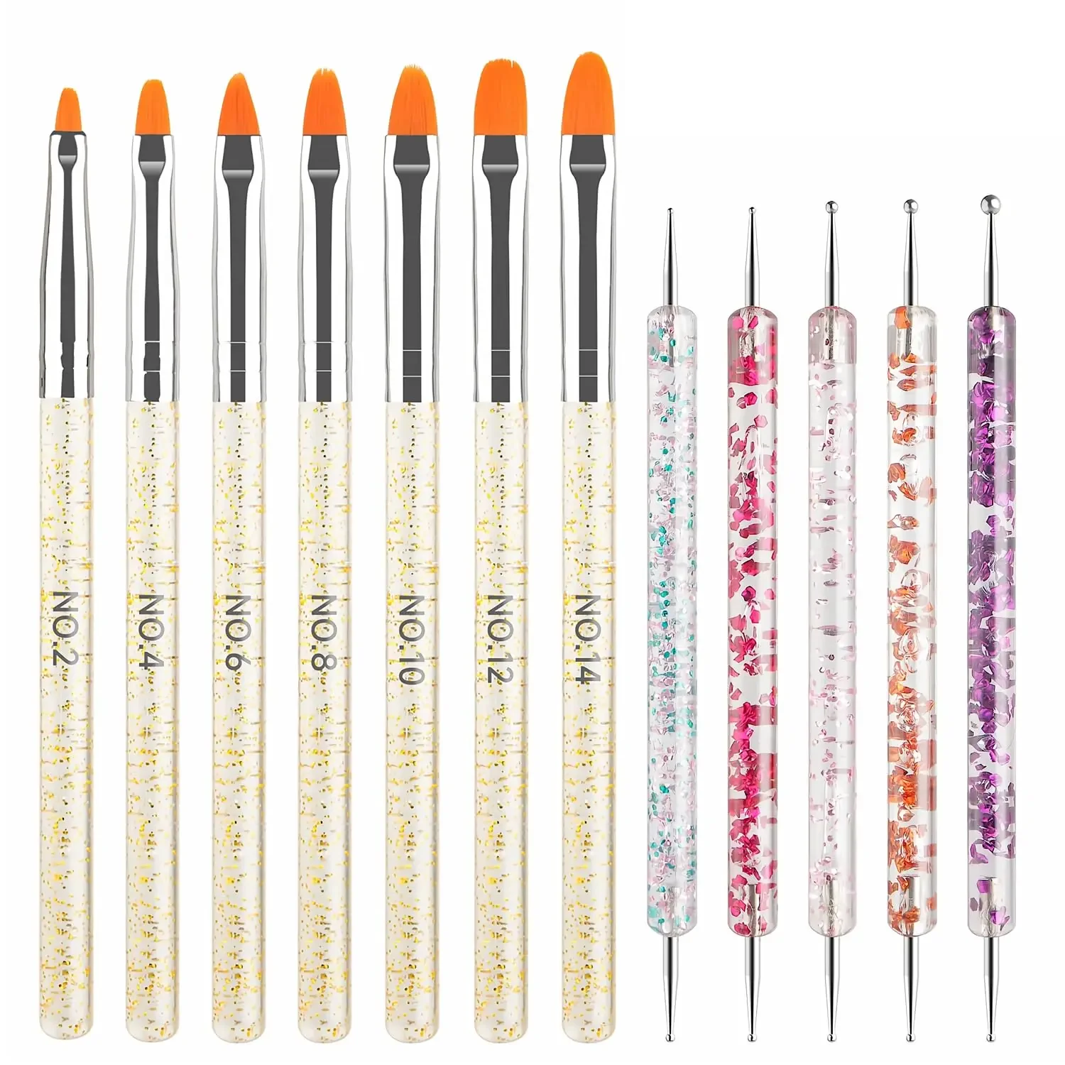 12-teiliges DIY-Nagelkunstpinsel-Set, inklusive 7 runden Gelpinsel + 5 doppelseitigen Punktier-/Diamantstiften – professionelles Nagelwerkzeug-Set