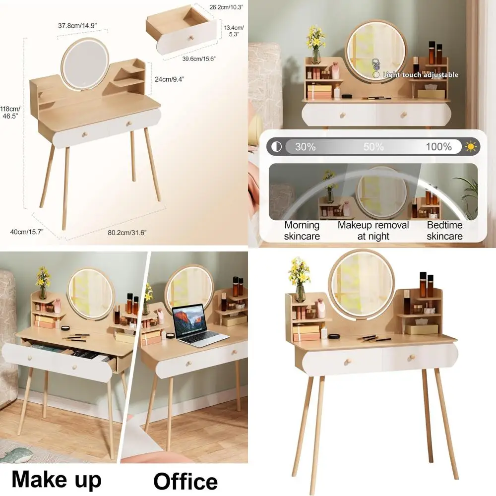 

Compact Yellow Makeup Desk with Mirror and Lights, Adjustable Brightness for Girls' Bedroom