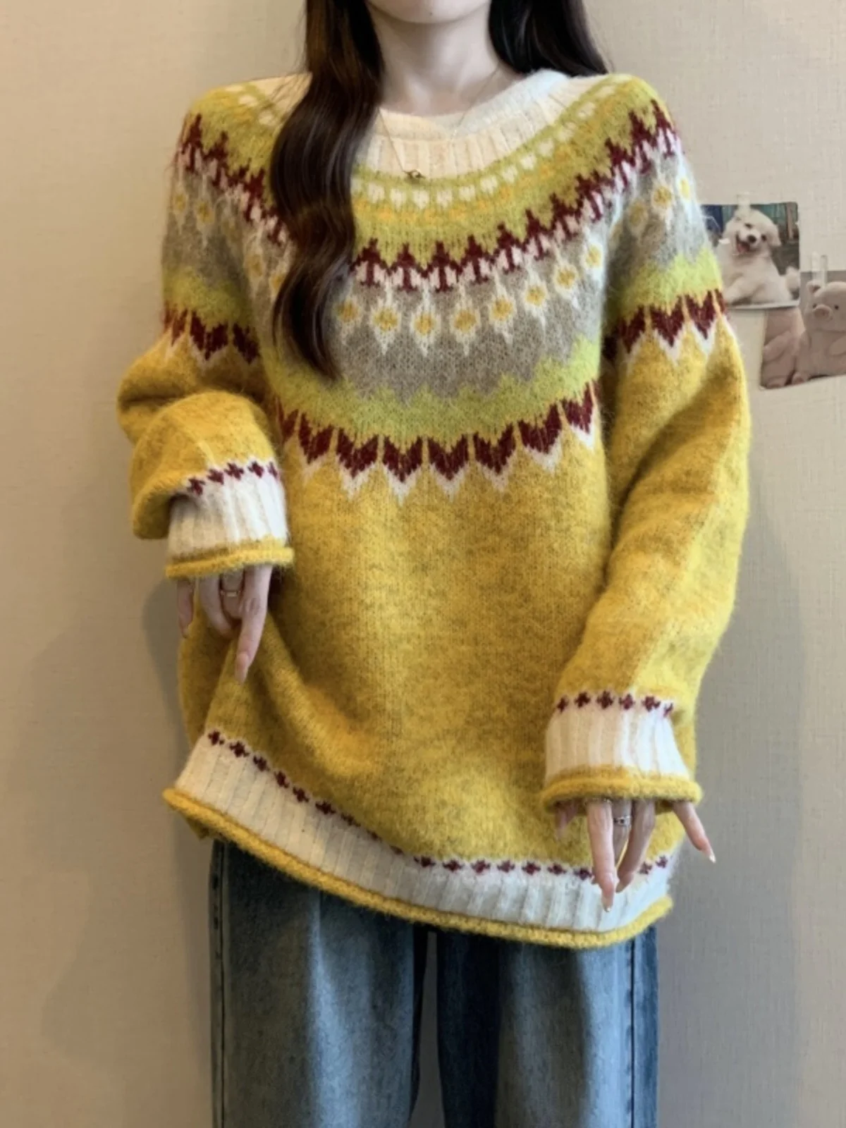 

Retro Fair Isle Knit Sweater Women's Spring Autumn plus Size Loose Lazy Style Top Soft Cozy Knitted Shirt round Neck Long Sleeve