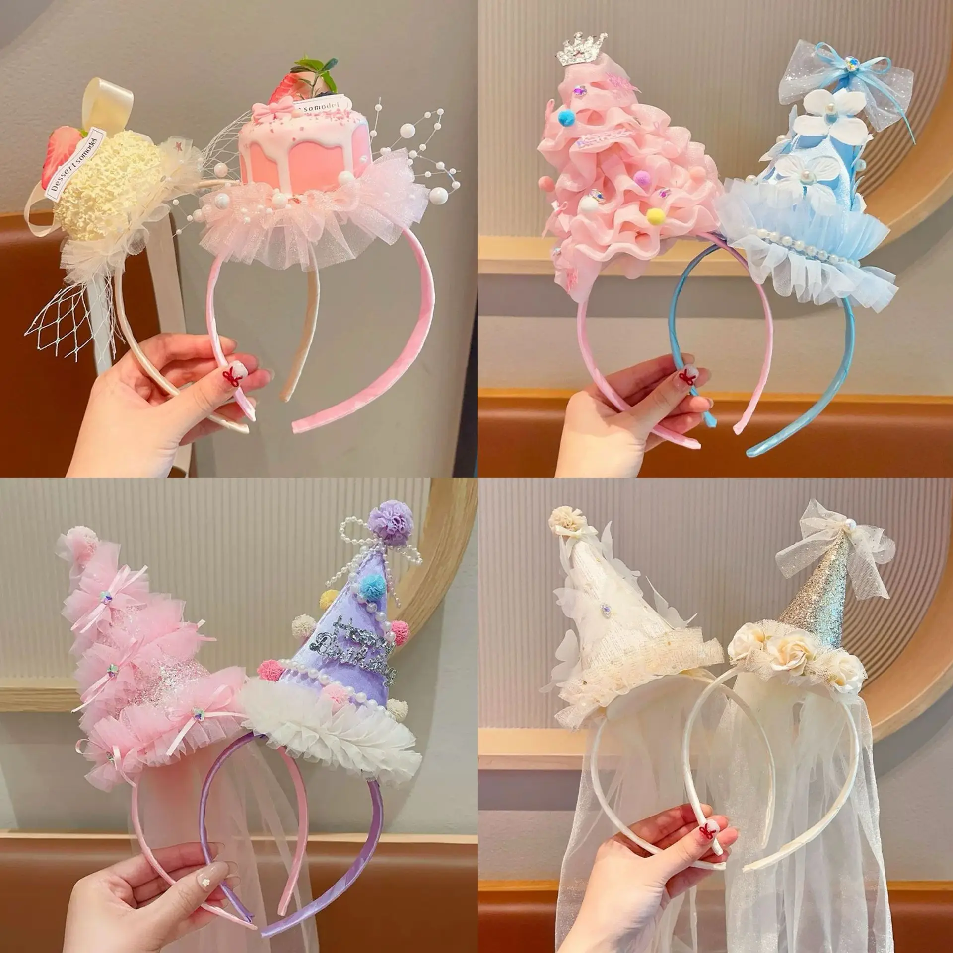 Sweetheart Party~Cherry Cake Hat Lace Hair Clip Girls Birthday Photo Creative Hairband Cute Kids