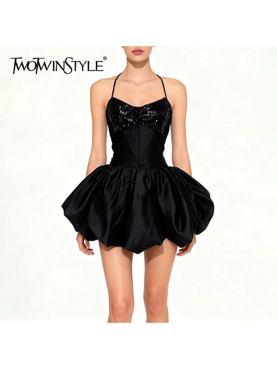 TWOTWINSTYLE Fashion Spliced Sequins Mini Dresses for Women Halter Sleeveless High Waist Patchwork Strap Elegant Dress Female