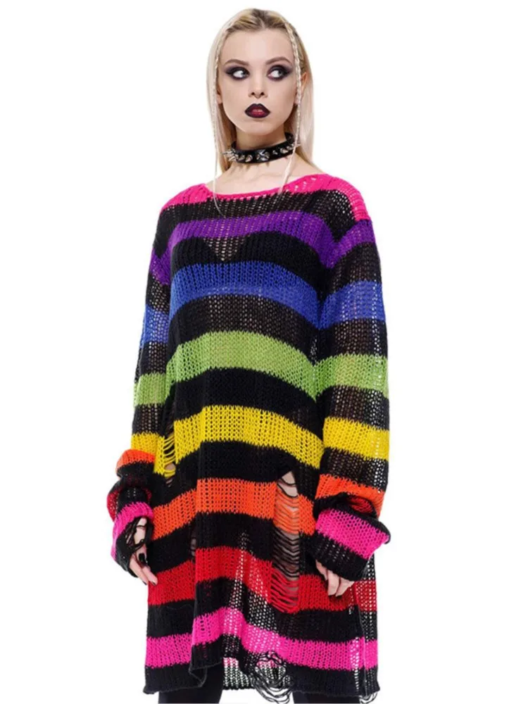 

Fashion O-neck Long-sleeved Sweater For Women Autumn High Street Ripped Rainbow Gradient Stripes Mid-length Loose Sweater Female