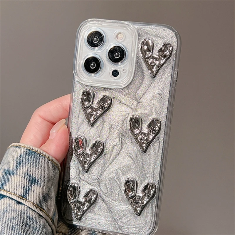 Etui na telefon Retro Ins świecące serce miłości do iPhone\'a 15 14 13 12 11 Max Ultra-cienki brokat 3D epoksydowo srebrna miękka tylna obudowa