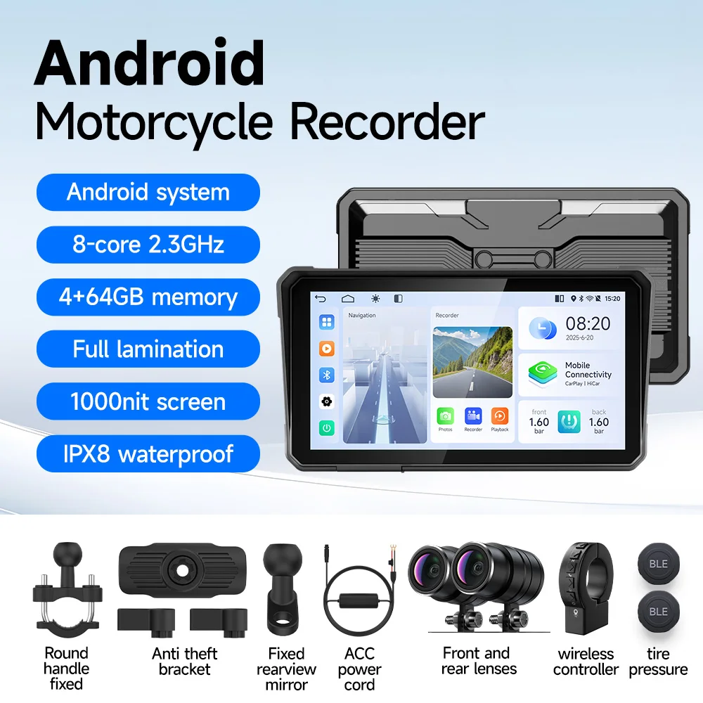 JIUYIN Portable 6 inch IPX8 Waterproof Motorcycle 1080P DVR GPS Navigation Wireless Carplay Android Auto Moto Recorder Monitor