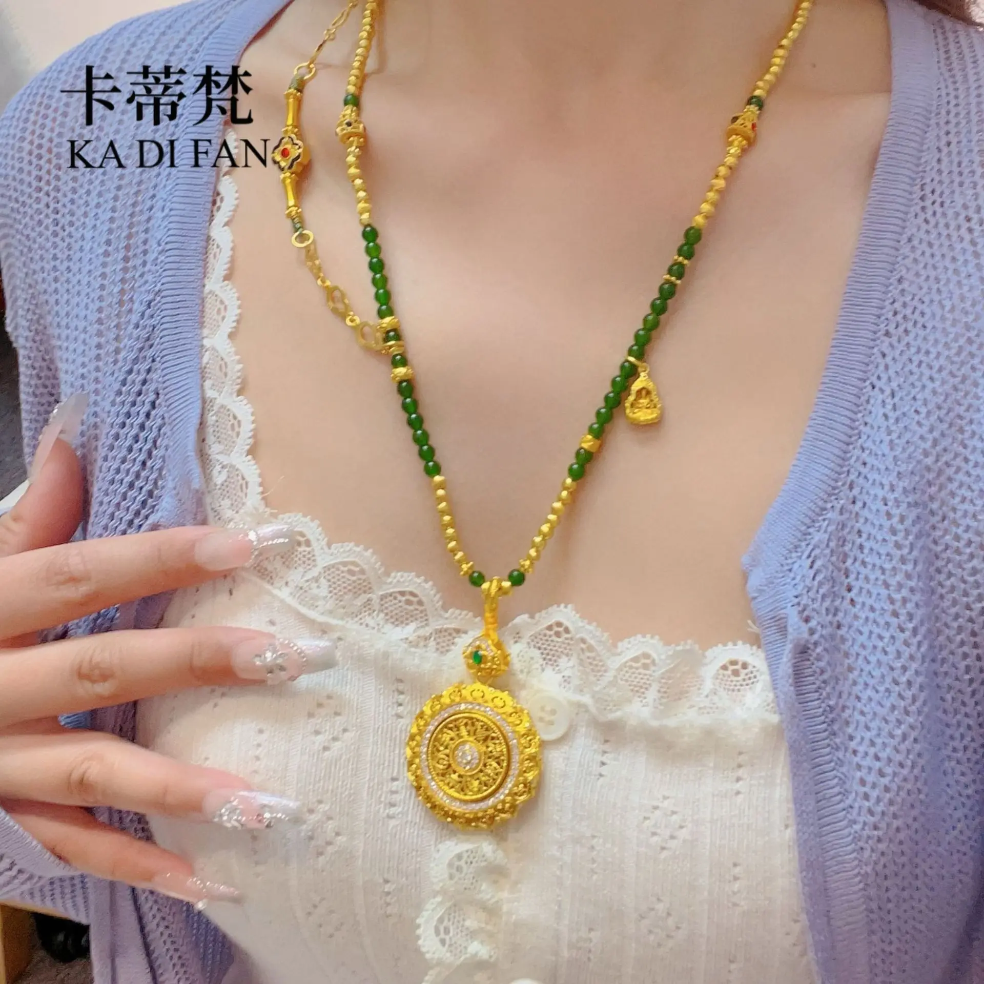 New Chinese Style Gold-Tone Spinner Eight Treasures Compass Pendant Phoenix Bead Cat Eye Bead Green Long Necklace Sweater Chain