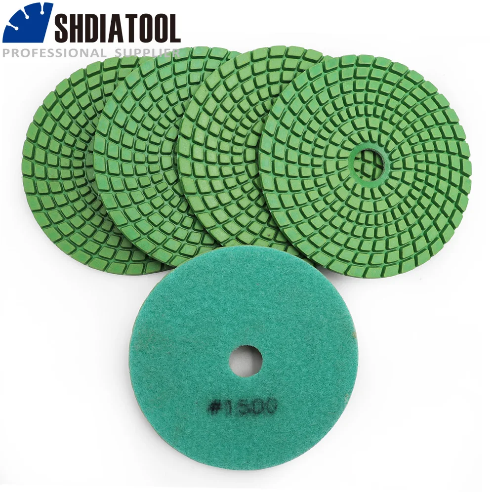 SHDIATOOL 5pcs #1500 100mm Diamond Flexible Wet Polishing Pads for Granite Terrazzo Marble 4inch Sanding Discs