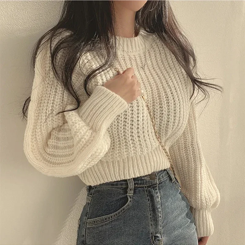 Vintage Harajuku Sweater Women Loose Latern Sleeve Korean Fall Winter Knitted Cropped Tops Soft Warm Chic Solid Jumper Pullover