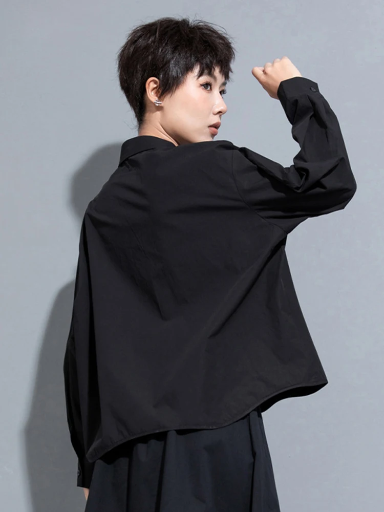 [EAM] Women Black Color-block Big Size Blouse New Lapel Long Sleeve Loose Fit Shirt Fashion Tide Spring Autumn 2024 1DH0843