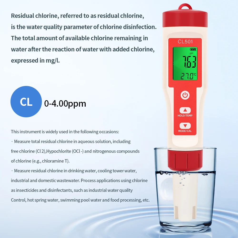 New Portable Chlorine Meter 2/3/4/5 in 1 Water Quality Tester  CL2 TEMP pH H2 ORP Measuring Pen For Aquarium Swimming Pool