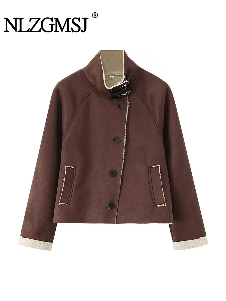 

NLZGMSJ винтажные повседневные шикарные женские куртки с карманами, однобортное замшевое толстое пальто, новая мода 2025, осенне-зимние пальто
