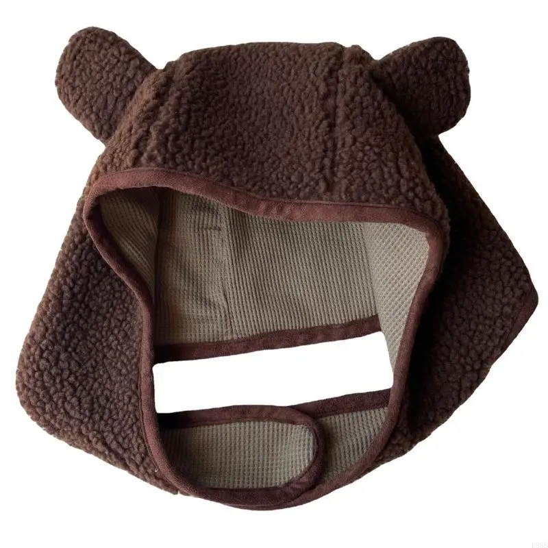 

P88B Fleece Earflap Hat Bear Ear Hooded Hat Fleece Earflap Beanie for Winter Women Ear for Protection hat Funny Bear Caps