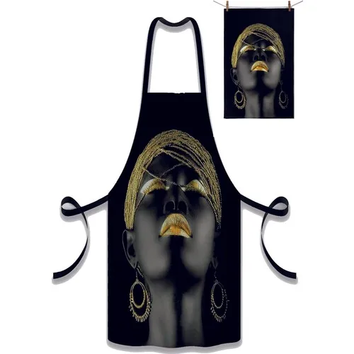 Else Carpet Else Yellow Black African Girl Patterned Fabric Chef Dish Kitchen Apron and Towel