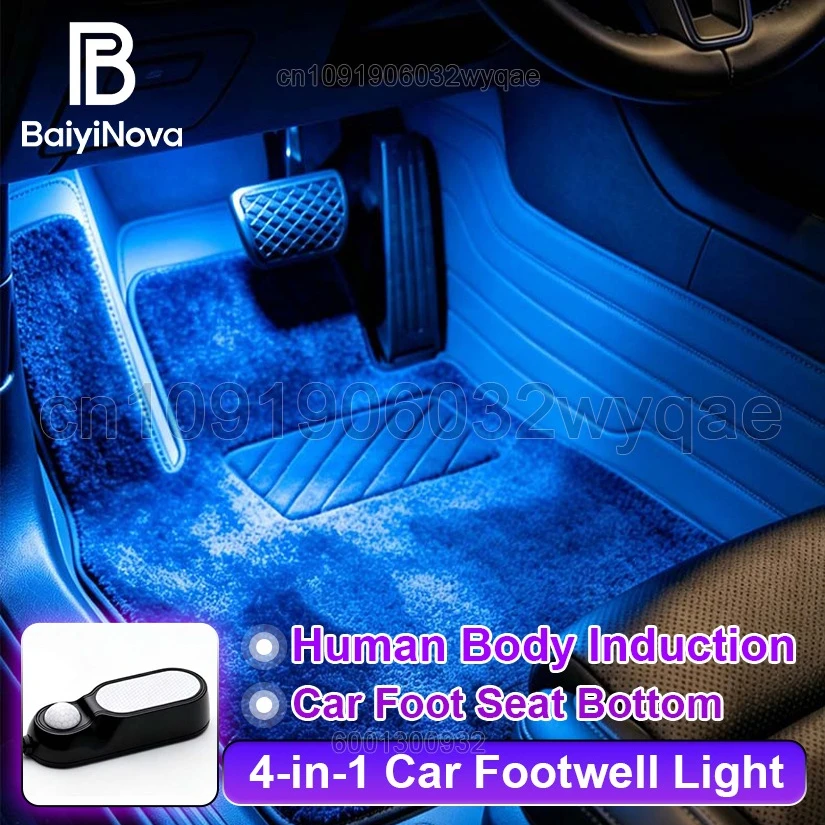 4-in-1 LED Car Footwell Light Human Body Induction Auto-On Interior Atmosphere Lamp Car Foot Seat Bottom Decor Ambient Lighting
