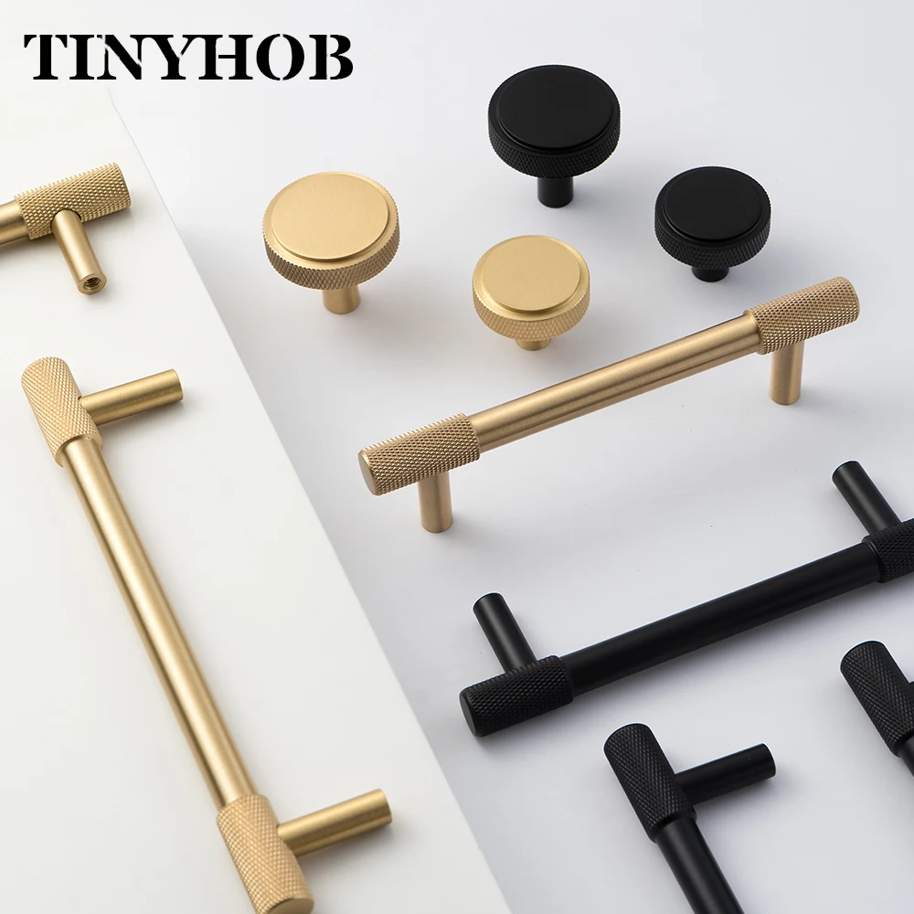 Satin Brass Knurled/Textured Cabinet Handle Kitchen Cupboard Door Pulls Furniture T Bar Pull Hardware Drawer Knob