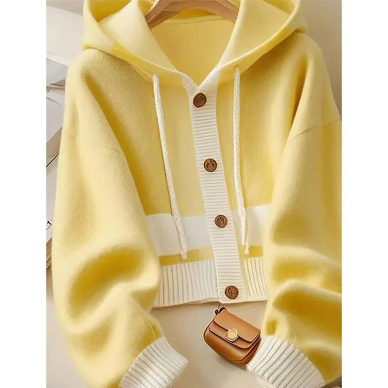 Kardigan Rajutan Musim Gugur Musim Dingin Sweter Bertudung Jahitan Kuning Putih Longgar Wanita Sweter Rajutan Cocok untuk Semua Kasual Longgar Wanita