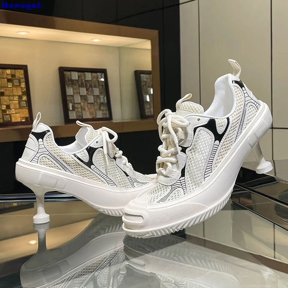 Patchwork Round Toe Thin Heel Sneakers 2025 New Outdoors Lace Up Sports Shoes Mixed Color Fashion Casual Women Slippers