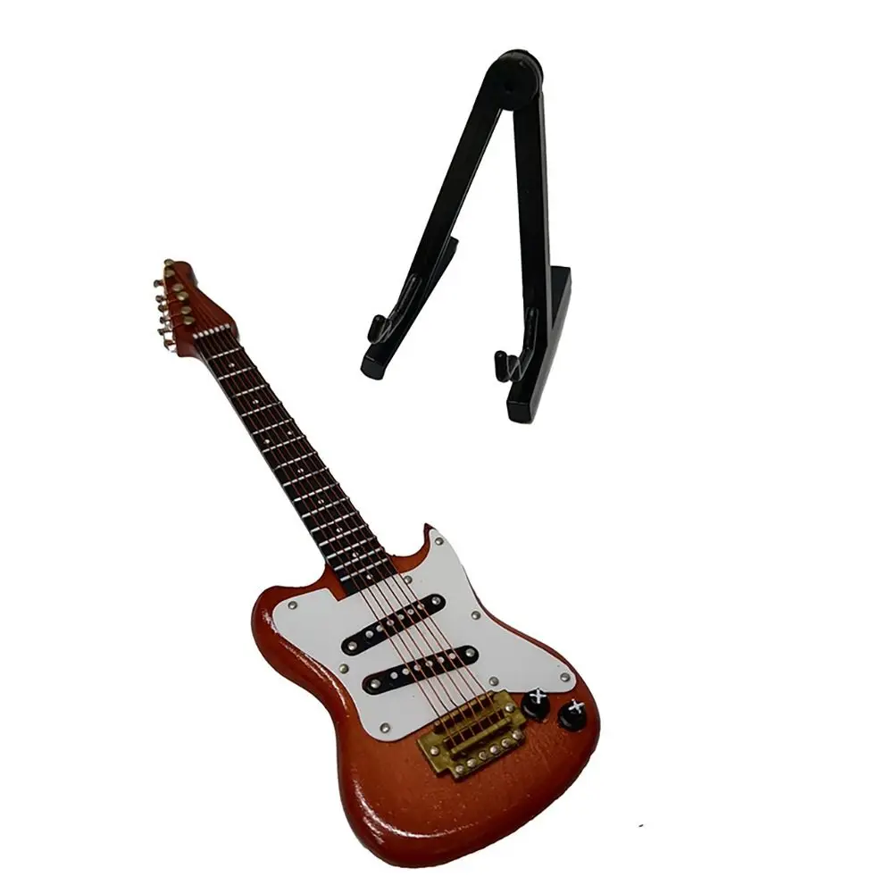 Wooden Miniature Electric Guitar with Stand and Case Mini Musical Instrument Miniature Dollhouse Model Birthday Present