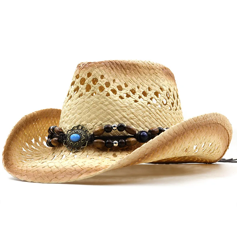 Retro Vintage Turquoise Beads Knitted Band Hollowed Out Women Men Straw Wide Brim Beach Cowboy Cowgirl Western Sun Hat