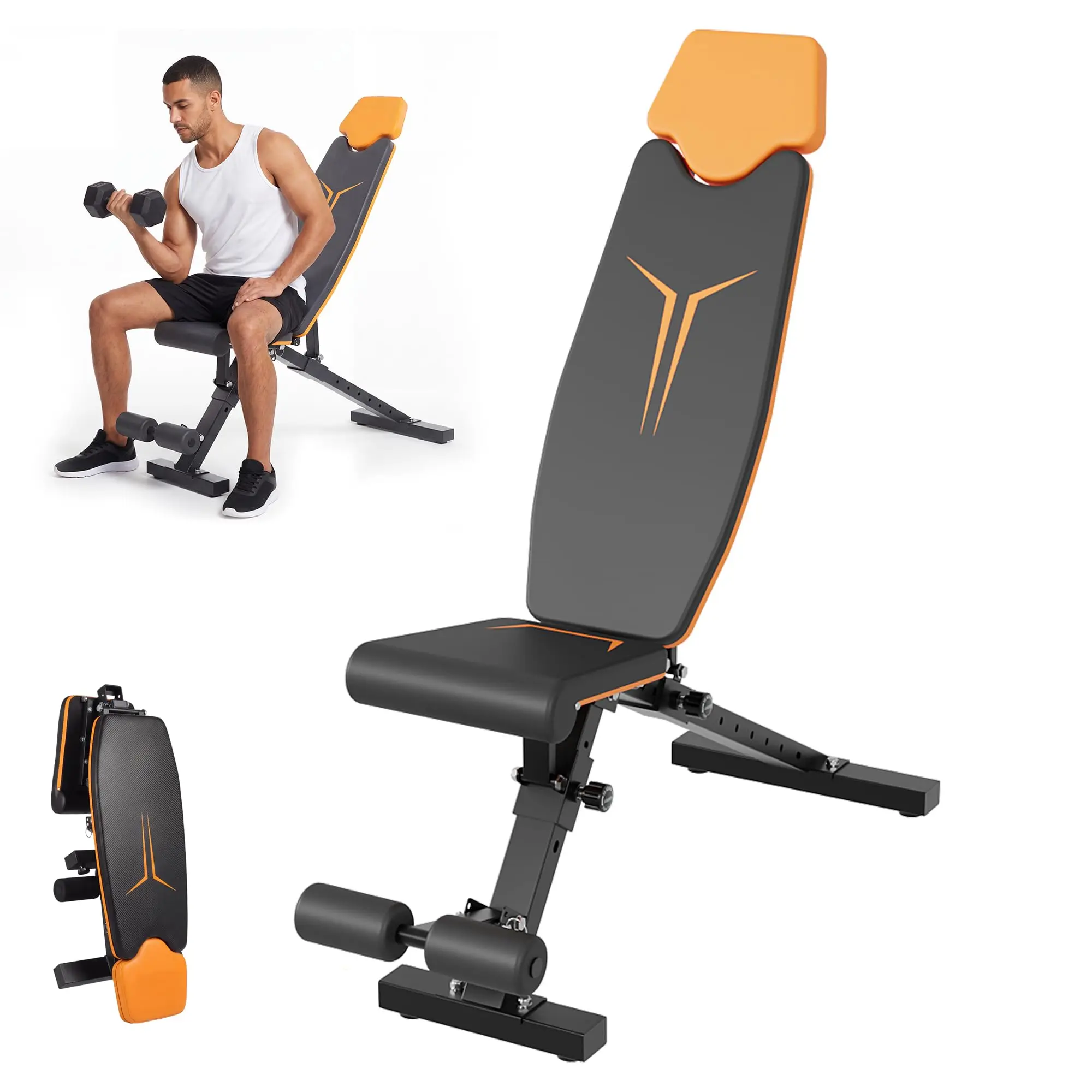 Adjustable Weight Bench with Detachable Headrest, Collapsible Incline Decline Exercise Bench for Home Gym Bench Press, Heavy-Duty Steel Frame