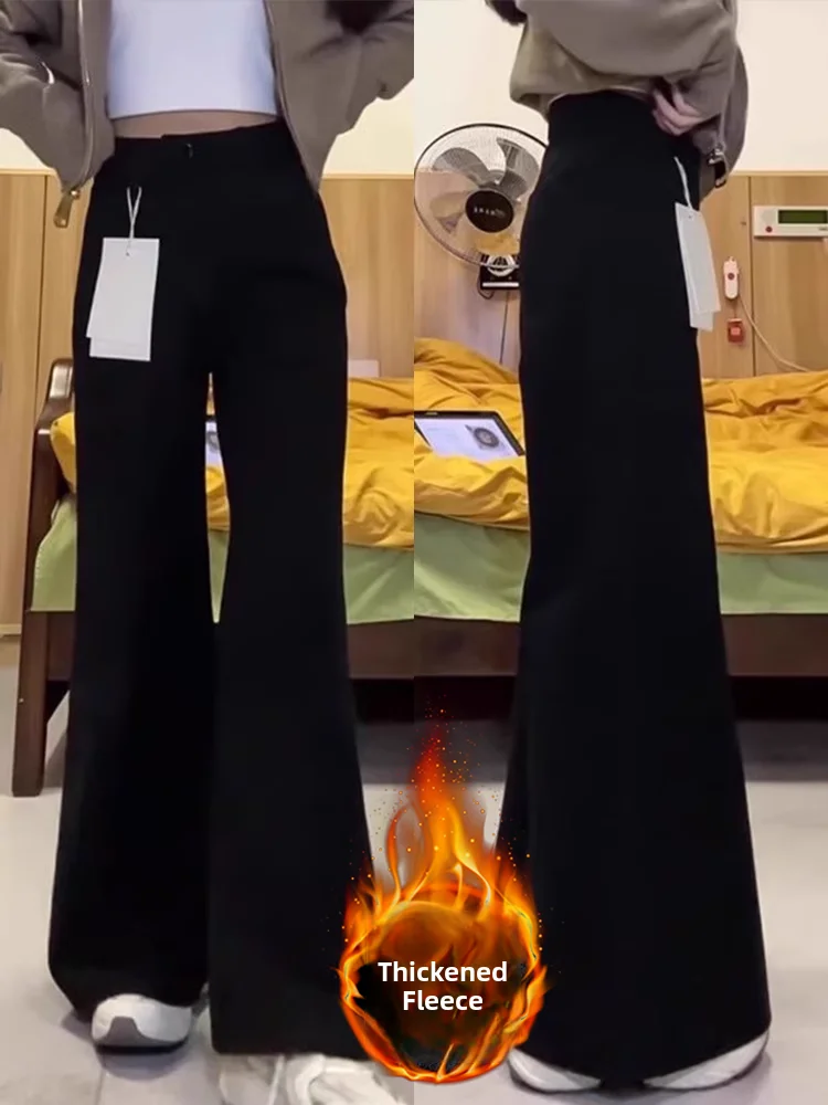 Pantalones vaqueros acampanados con forro de Fce de talla grande para mujer, pantalones de corte recto de pierna ancha holgados y adelgazantes para otoño e invierno