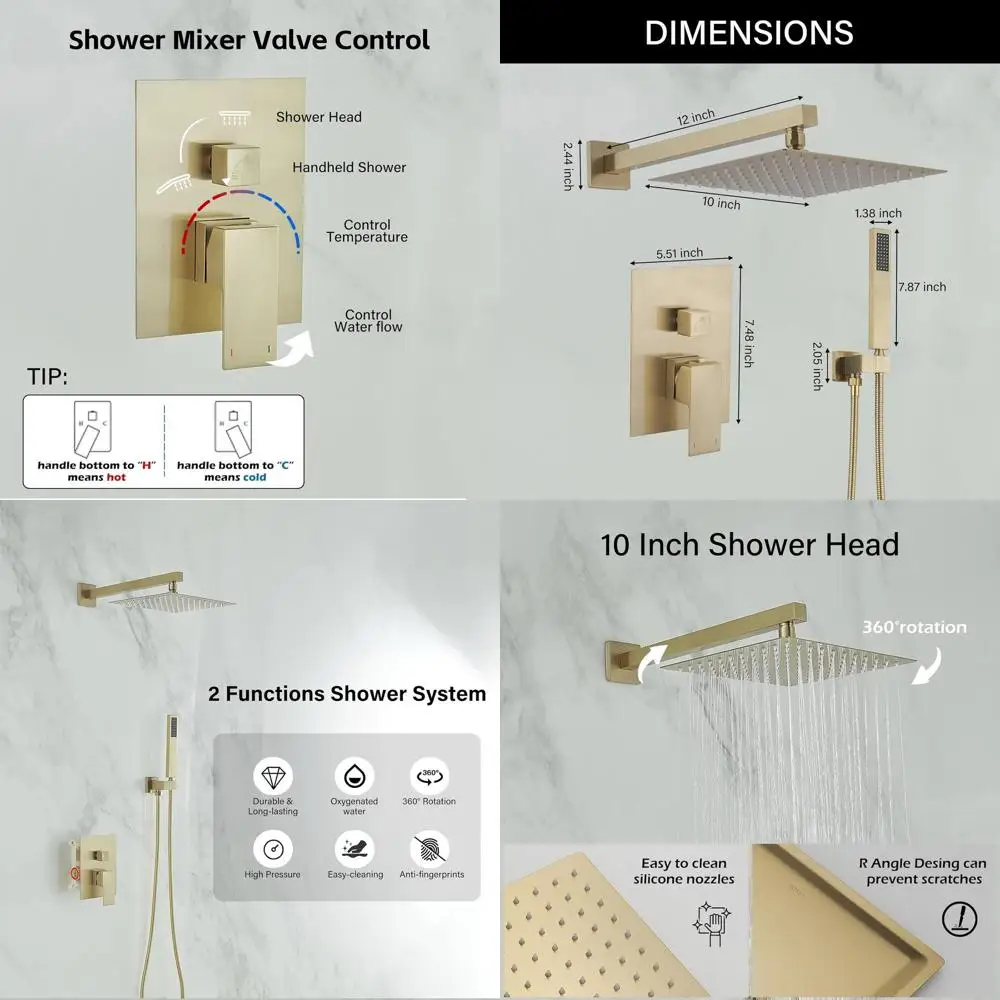

12 Inch Brushed Gold Luxury Rain Shower Mixer Set with Wall Mount and Dual Functions