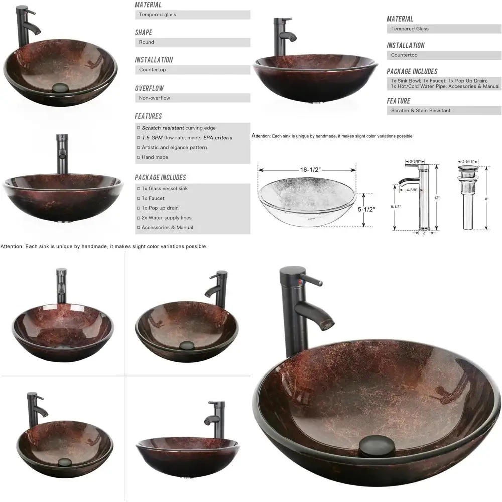 

Round Tempered Glass Bathroom Sink, Single Bowl, Brown, Countertop Mount, Water Saving Faucet Included