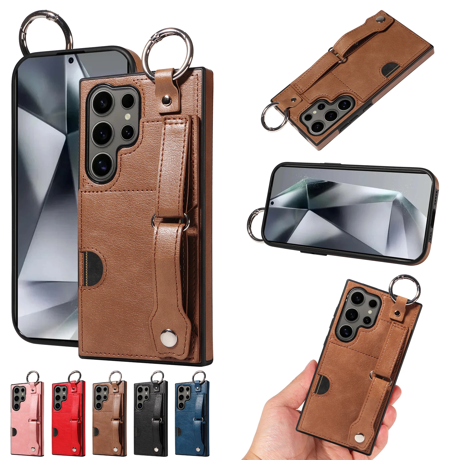 Wristband Ring Holder Cards Solt Leather Wallet Case For Samsung Galaxy S24 Ultra S23 FE S22 Plus A55 A15 A25 A35 A12 A52 Cover