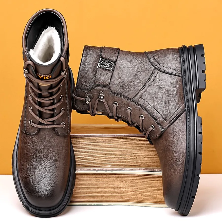 Herren-Winterstiefeletten, Schnürstiefel mit hohem Schaft und verstellbarer Schnalle, strapazierfähige Sohle für Wanderungen und Freizeitkleidung. – Detail 10