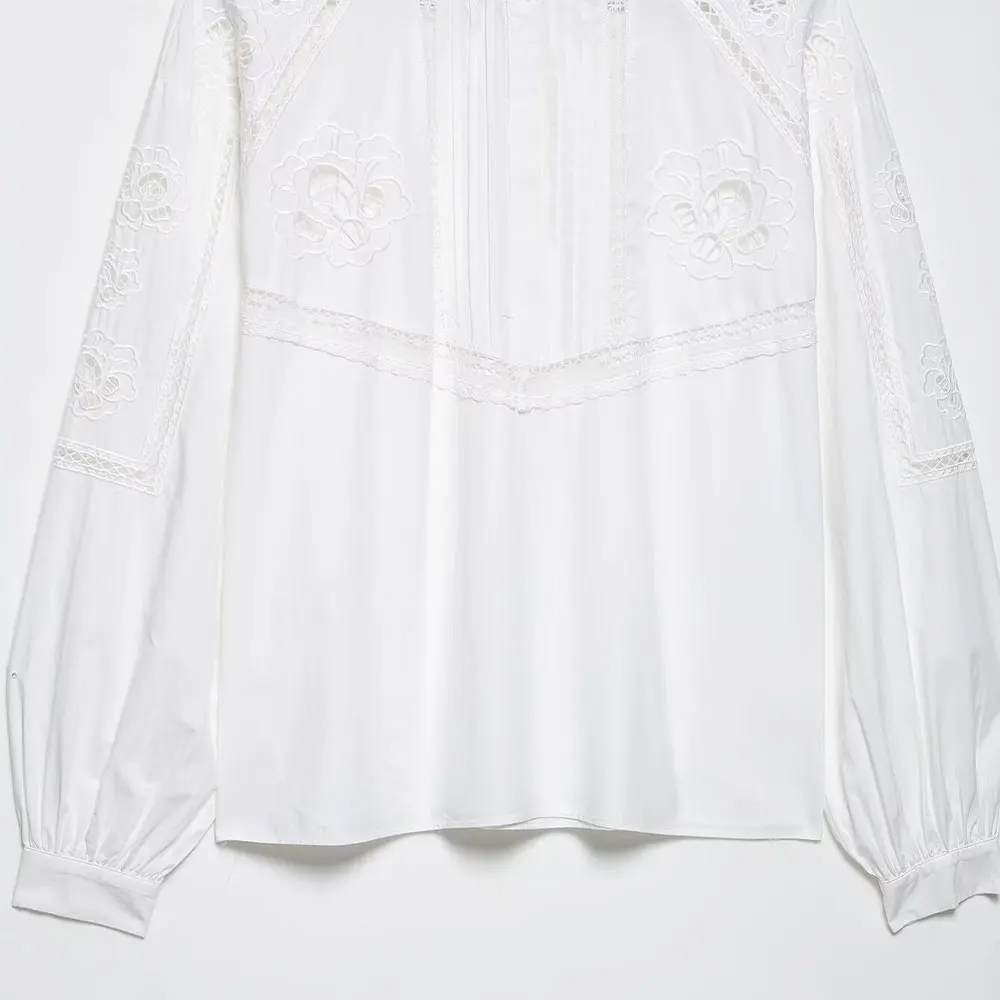 Willshela Damesmode Borduren Uitgehold Witte Blouse O-hals Lange Mouwen Vrouwelijke Chique Dame Koreaans Shirt