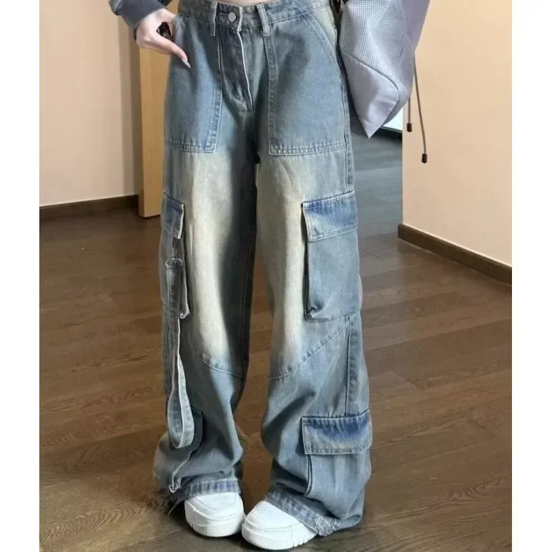 Female Jean Spliced Pockets Cargo Pants Washed Denim High Waist Full Length Jeans Loose Solid Basics Patchwork Distressed