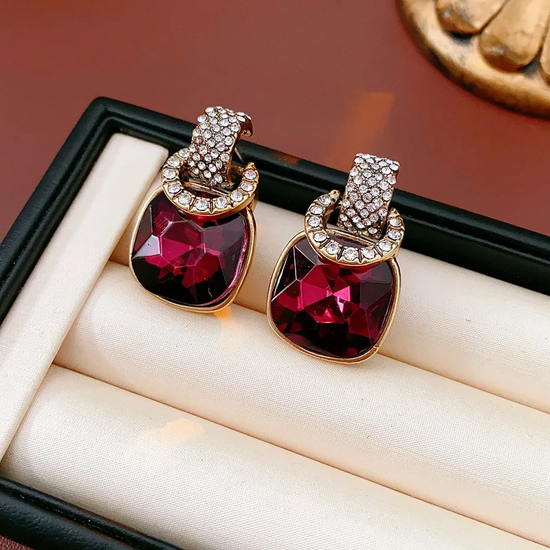 Purple Inlaid Rhinestone Square Geometric Earrings for Women European and American Light Luxury Temperament Wedding  Jewelry