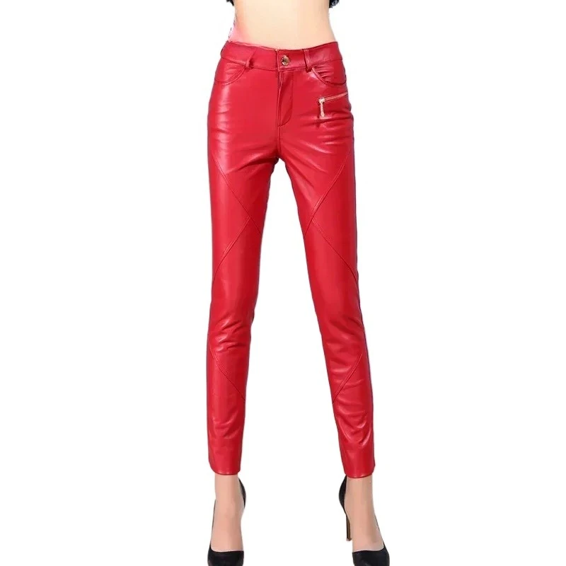 

Female High Waist Pants Pencil Pant Spring Autumn 2024 Real Sheepskin Leather Pants Women's Trousers Frau Hosen Zjt2416