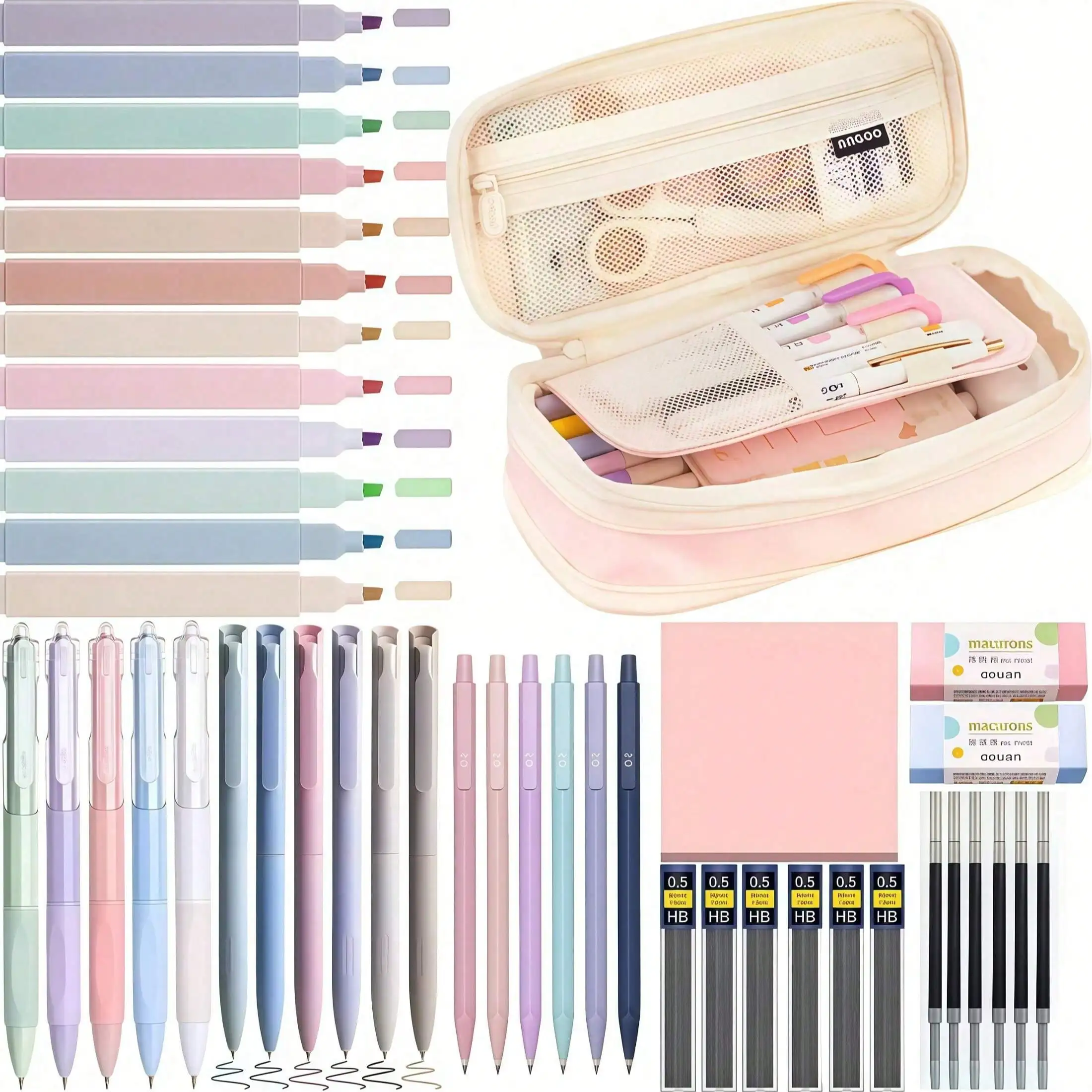 

1 Set School Supplies,Pencil Case,Black Gel Pen,Highlighters,Students Stationary College.Essential For Back To School.