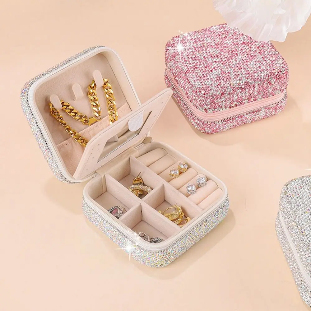 Luxury Bling Rhinestone Jewelry Box Double Layer With Mirror Portable Ring Holder Shiny Square Studded Jewelry Organizer