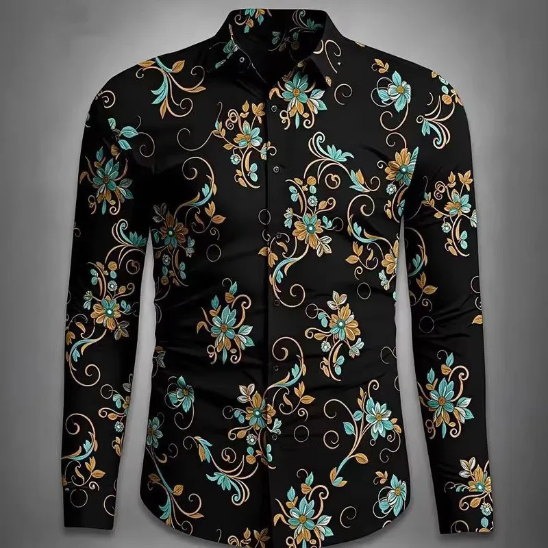 Men Turn‑down Collar Long Shirt Elegant Retro Swirl Flower Foliage Graphic Print Button‑front Fashion Urban Holiday Male Blouse