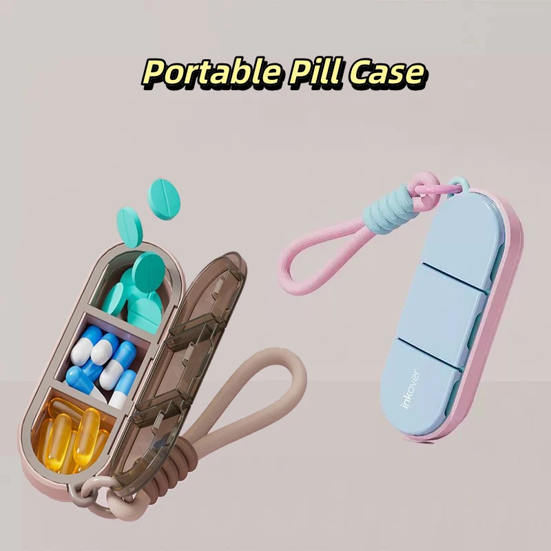 Portable Lanyard-Style 3-Compartment Pill Case with Silicone Seals Medicine Pills Box Drug Storage Box 3 Grids Pills Dispenser