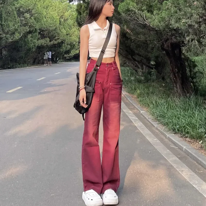 กางเกงยีนส์ผู้หญิงฤดูใบไม้ผลิฤดูใบไม้ร่วงสูงเอวล้าง Burgundy Streetwear หลวมขากว้างความยาวเต็มเกาหลีแฟชั่น Y2k เสื้อผ้าสไตล์