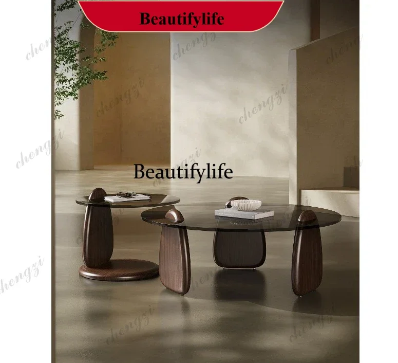 Modern simple size round coffee table combination Italian minimalist brown glass Nordic style tea table p182